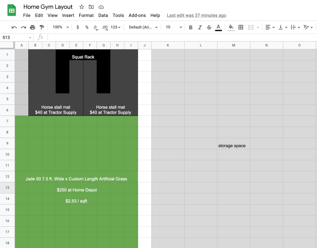 Home gym layout spreadsheet
