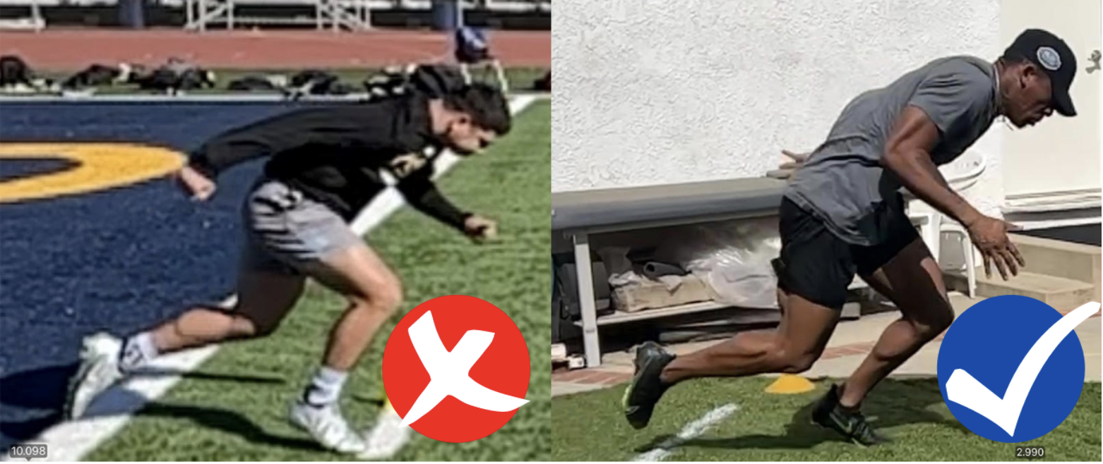 Comparison of Two Sprinters taking off, one with this foot directly under his hip and one with foot overreaching