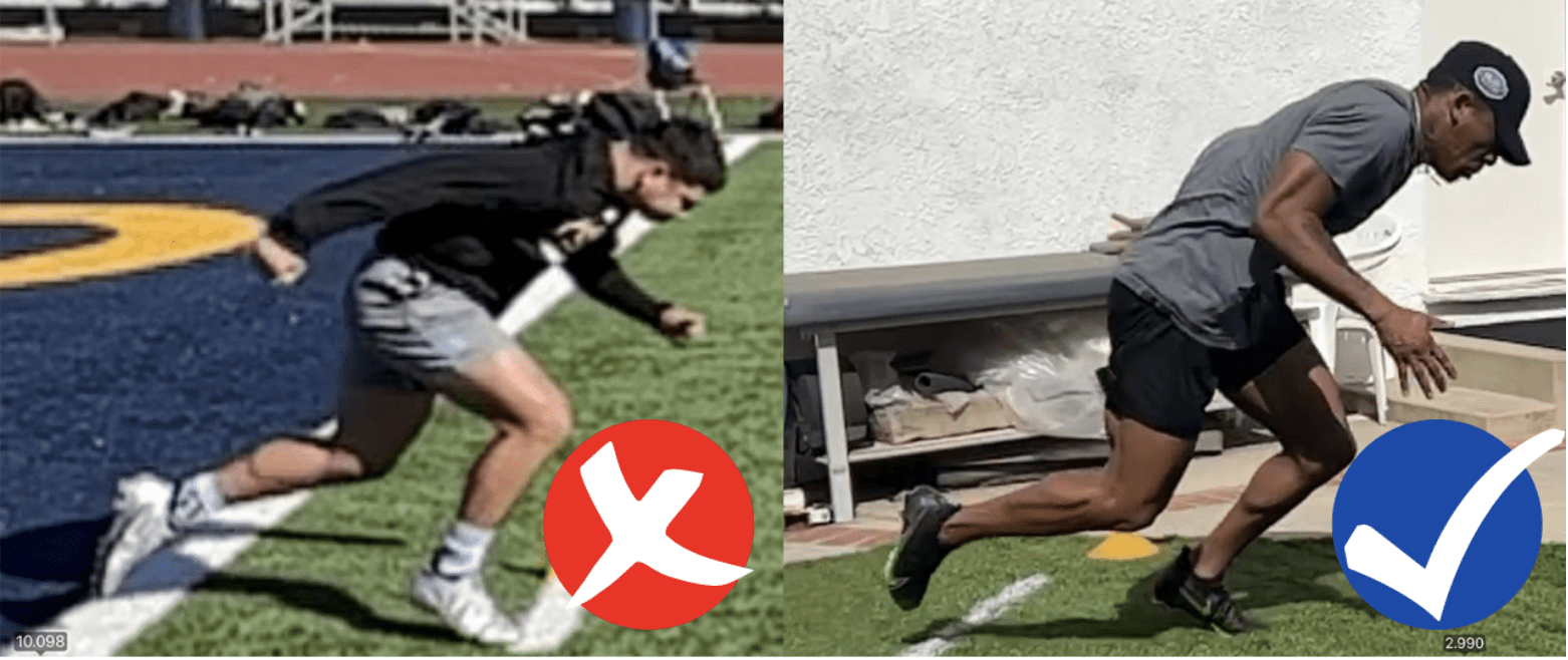 Comparison of Two Sprinters taking off, one with this foot directly under his hip and one with foot overreaching