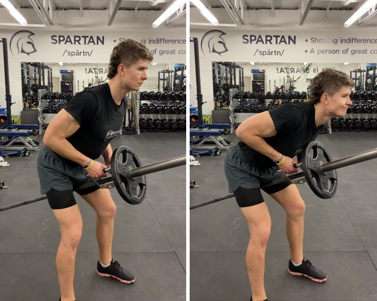 Athlete in gym performing T-bar row correctly and incorrectly as an example. 