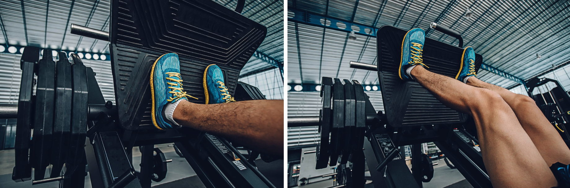 Feet and legs showing different foot positioning on the leg press machine. Narrower stance on the right showing more quad activation and wider stance on the right showing more glute and hamstring activation.