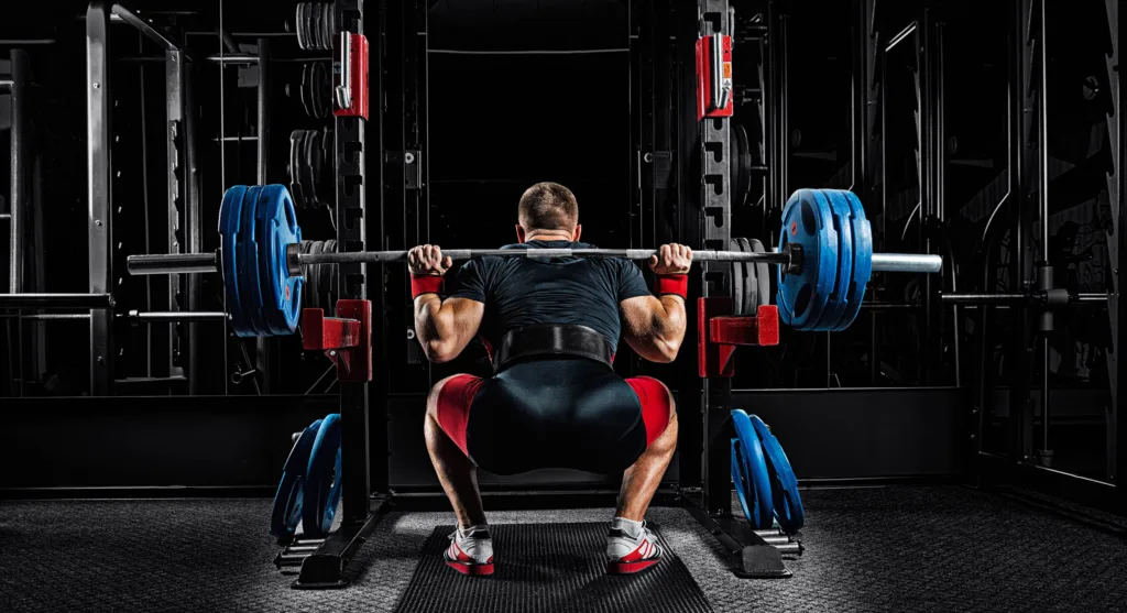 Professional athlete sits with a barbell on his shoulders and prepares to back squat. View from the back.