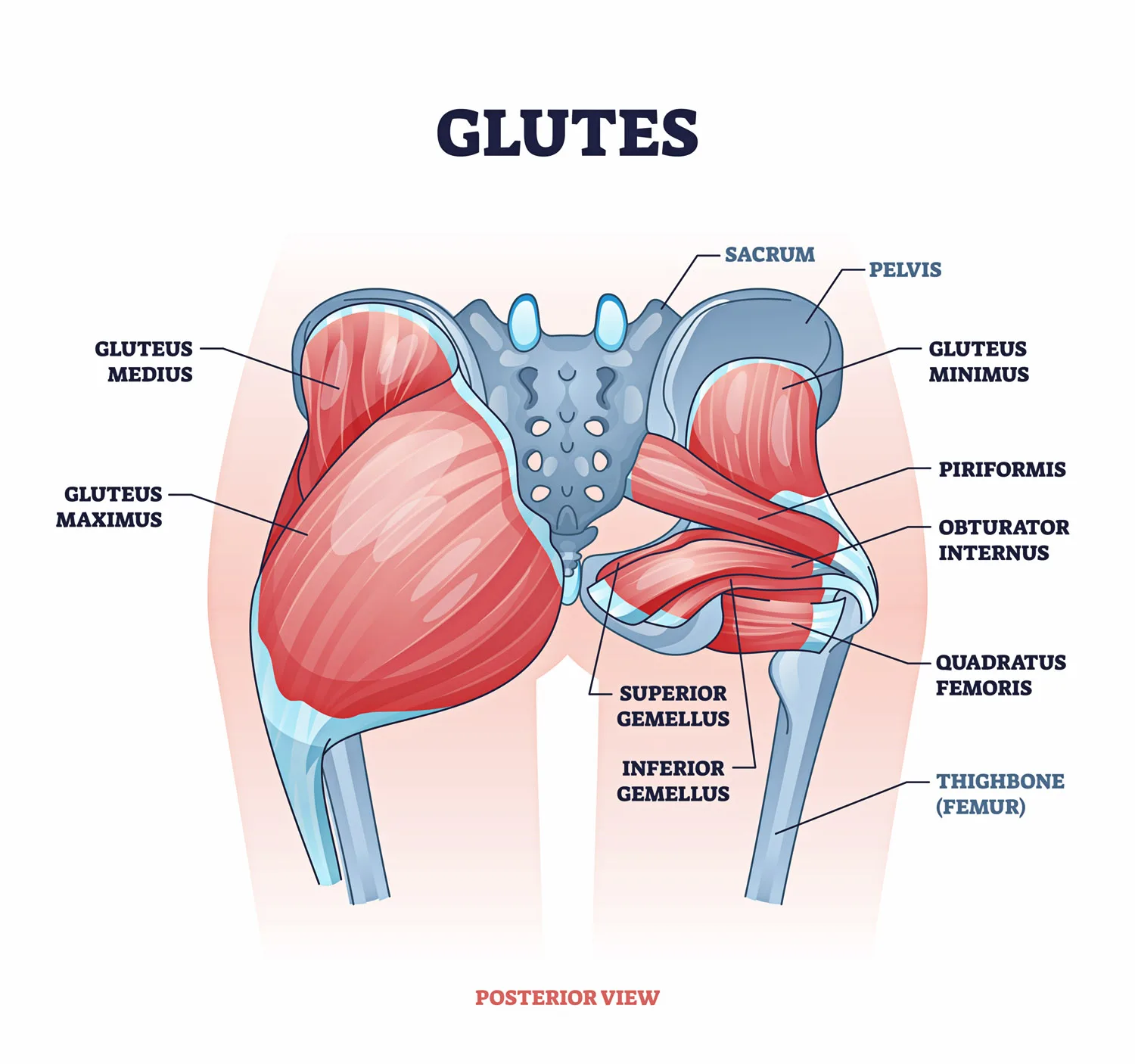 Glutes as gluteal body muscles for human buttocks strength outline concept. Labeled educational anatomical scheme with physical skeletal and gluteus medius, maximus and minimus vector illustration.