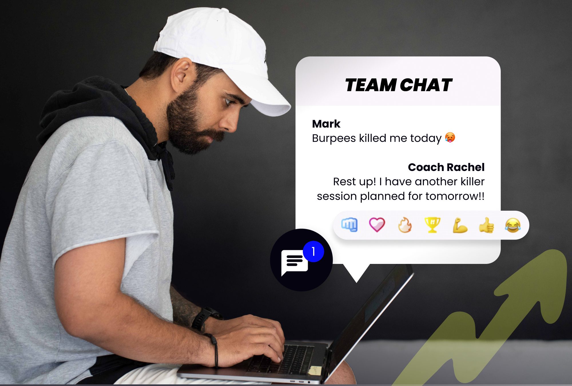  Male personal trainer using TrainHeroic chat feature to communicate with athletes on a laptop.