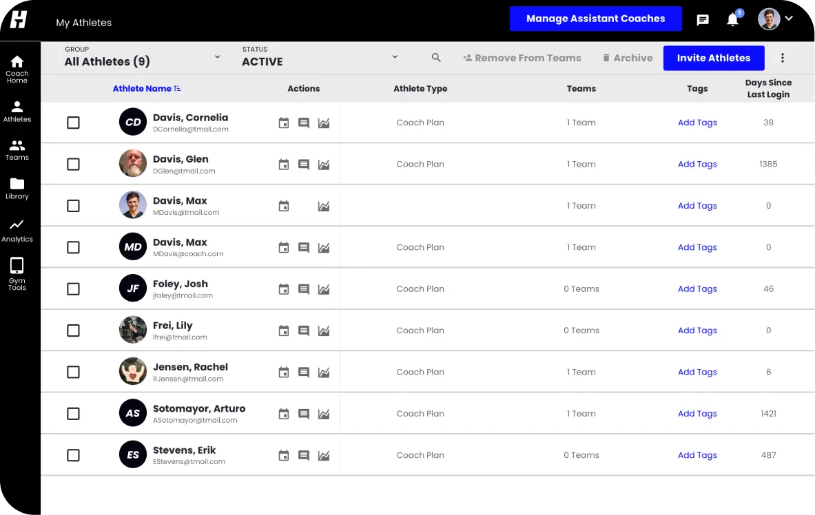 Coach View of Athlete Roster In TrainHeroic